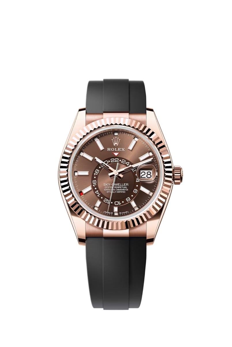 Relógio Rolex Sky-Dweller em ouro rosé com mostrador chocolate
